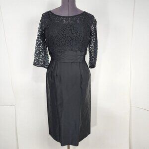 Vintage 1950s Leslie Fay Black Lace Half Sleeve Straight Pencil Dress